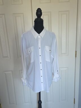 Women's White Casual Button-Down Shirt with Chest Pockets